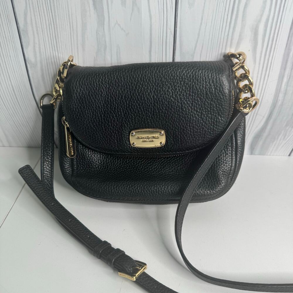 Michael Kors Bedford Black Pebbled Leather Tassel Zipper Foldover Crossbody Bag